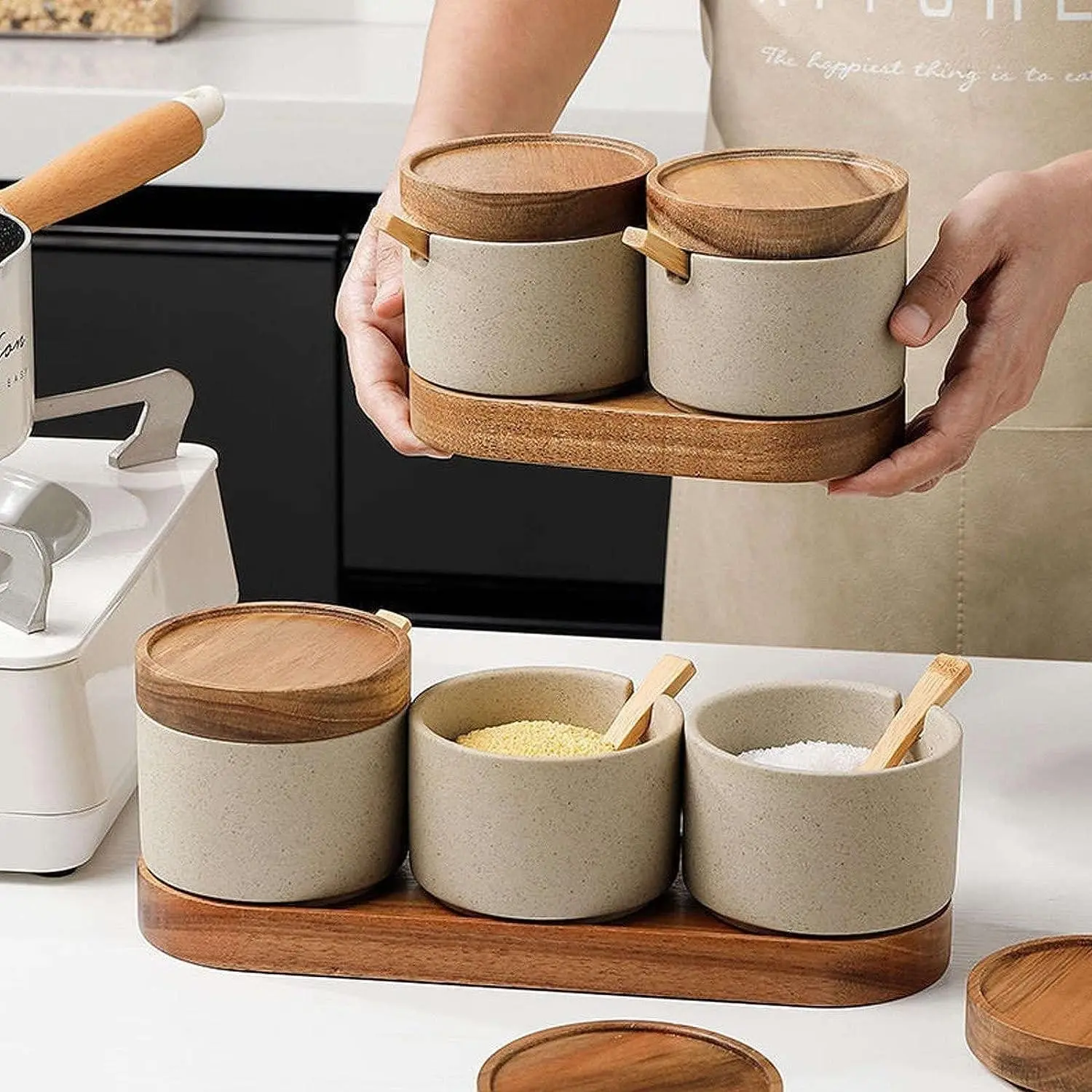 2 Piece Set Spice Jars, Mini Seasoning Storage Rack, Kitchen Condiment Containers, Ceramic Salt Shakers, with Lids and Mini Spoons