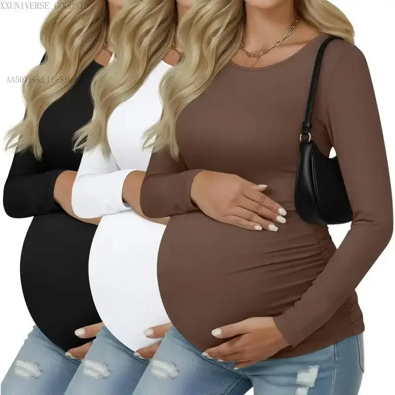 3 Pack Women's Maternity Shirts, Long Sleeve Side Ruched Pregnancy Tee Tops Crew Neck Casual Mama Clothes Basic TunicXXUNIVERSE GOODS10 AA50TrekLifeStudio