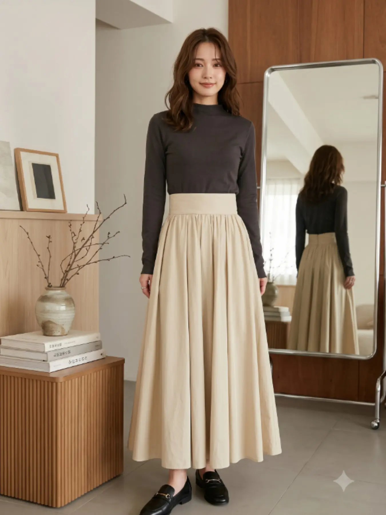 High-Waisted A-Line Pleated Midi Skirt, Fall New Arrival, Elegant High-Quality Flowy Umbrella Skirt, Long Skirt for All Seasons