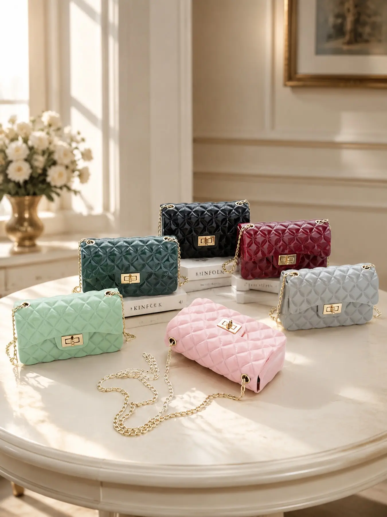 Women’s Quilted Jelly Bag Mini Shoulder Bag Candy Color Crossbody Purse Cute Glossy Handbag Trendy Aesthetic Fashion Accessory