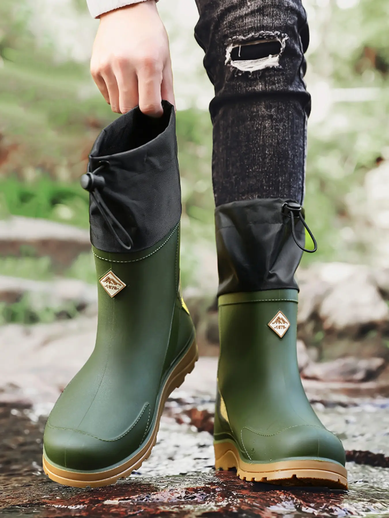 Men's Waterproof Work Boots, Anti-Slip, Durable, Reflective Strips, Thick Sole, Adjustable Upper, Outdoor Fishing, Farming, Car Washing, Water Resistant Footwear