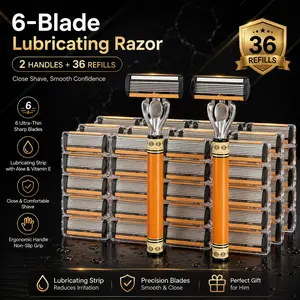 Men's 6-blade shaving set, 2 premium handles, 36 replacement blades, smooth and easy shaving, ergonomic anti slip grip, durable and sharp blades, suitable for daily and travel use, stylish design shaving tool set