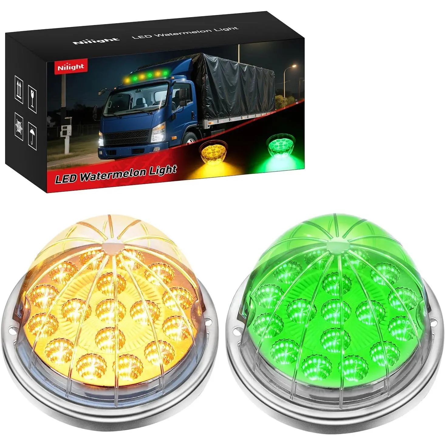 Nilight Watermelon 17-LED Dual-Color Side Marker Lights (2PCS, Stainless Steel Bezel, Amber to Green), 4-Plug, IP68 Waterproof, 2.56in Height, 3.35in Diameter, 2 Mounting Screws, for Trailer Truck Boat, Epoxy Resin Construction, Watermelon Lights