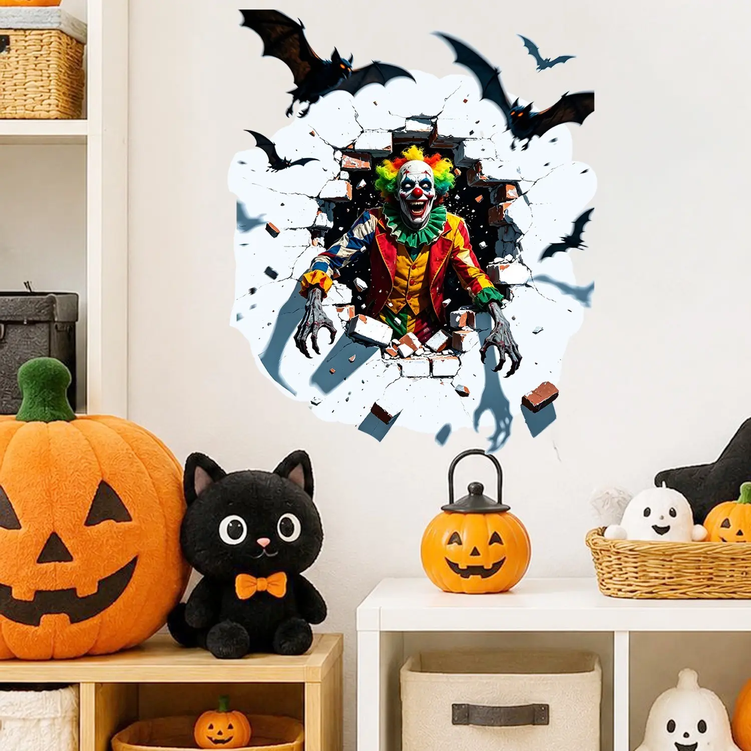 Halloween Wall Decals, Four Monster Designs, Bat Joker, Werewolf Bat, Pumpkin Man, Fake 3D Stickers, Living Room Bedroom Decor