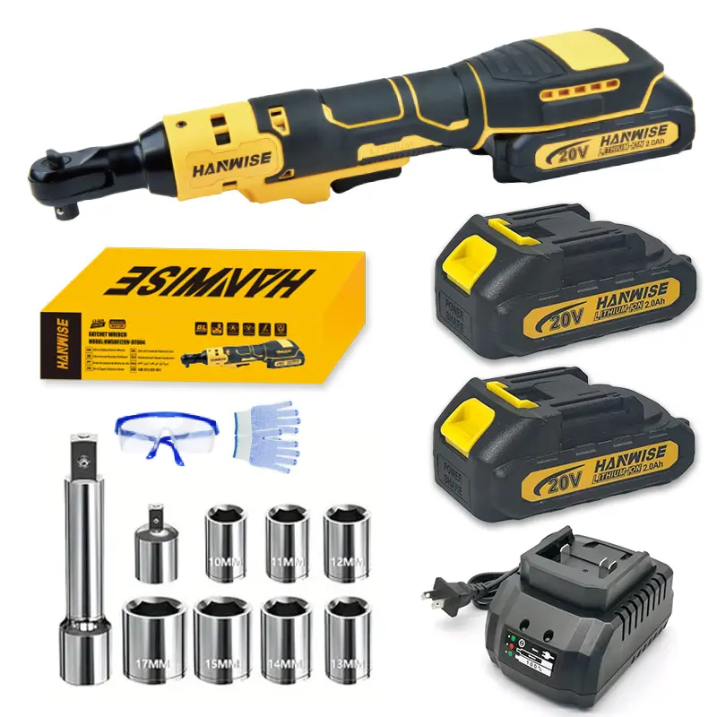 HANWISE 20V 3/8-in Cordless Ratchet Wrench Set, Professional DIY Power Tools - 2 Batteries, 1 Quick Charger, 7 Sockets, 1/4-in Adapter, 3-in Extension Rod, For Car Repair, Home Use, Cells