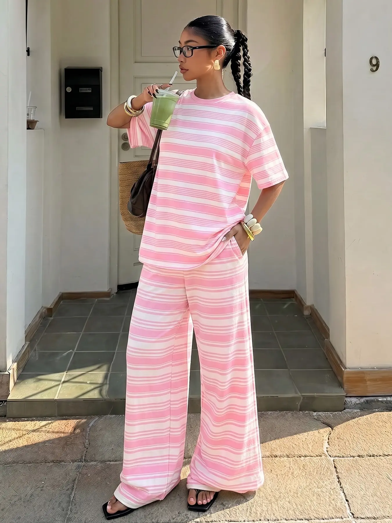 Women Pastel Pink White Striped Crew Neck Oversized Short Sleeve Tee Matching Wide Leg Trousers Two Piece Co Ord Set Relaxed Loose Fit Casual Daily Street Beach Holiday Coffee Shop Loungewear Matching Outfit #springsaledeals2026 #summeroutfits #fyp