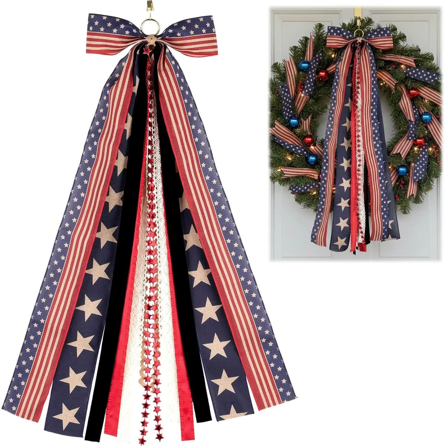 Patriotic Bow for Wreath 4th of July Decorations, Large Red White Blue Bow with 8 Multi-Ribbon Streamers, 27.5" Memorial Day Veterans Day Front Door Decorfidget toys