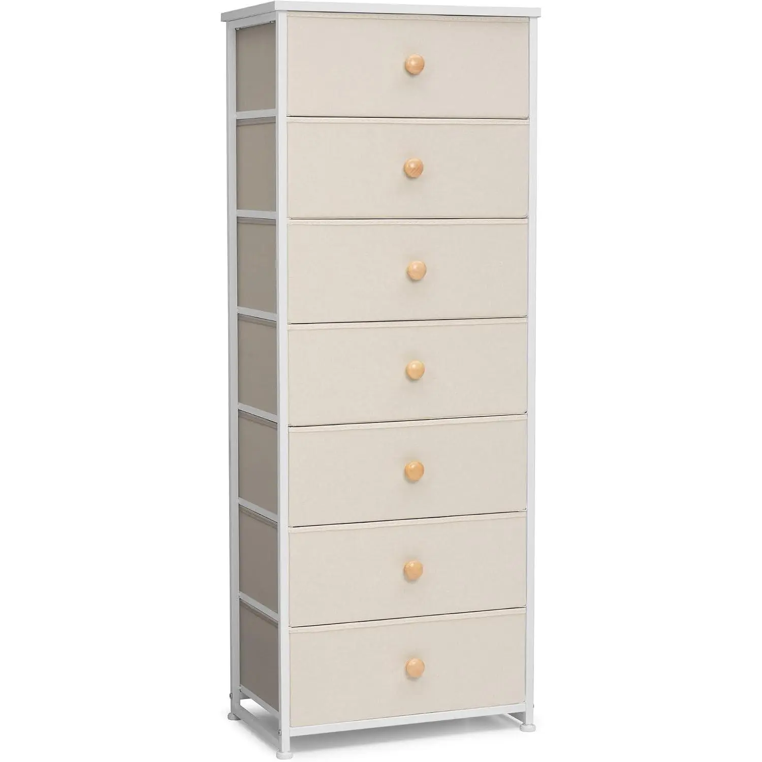 Fabric Dresser for Bedroom, 7-Drawer Tall Vertical Storage Tower (Beige) | Wooden Top, Steel Frame, Easy Pull Bin,Organizer Unit for Living Room, Hallway, Entryway, , Closets