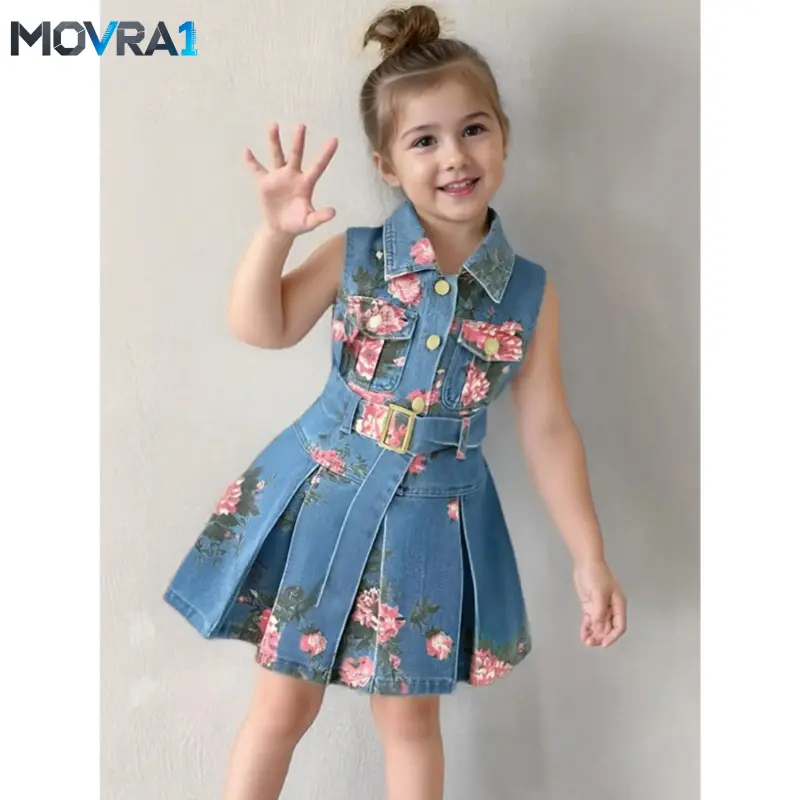MOVRA1 3-7Y Girls' 100% Printed Dress - Collared Sleeveless Pleated Dress with Belt, Slim Waist Princess Style, Soft Versatile Vacation & Outings Kids Clothes Girls Girls Clothes Kids Girls  Stuff'S Day