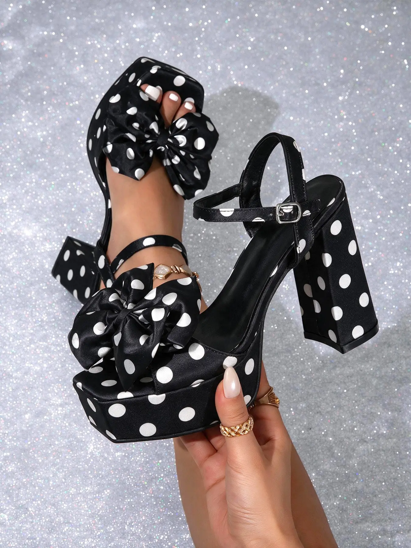 Dotted Bow Waterproof Platform Heeled Sandals, Women, Sweet & Spicy Retro Style, Square Toe Open-Toe Satin, High Heel, Perfect for Parties