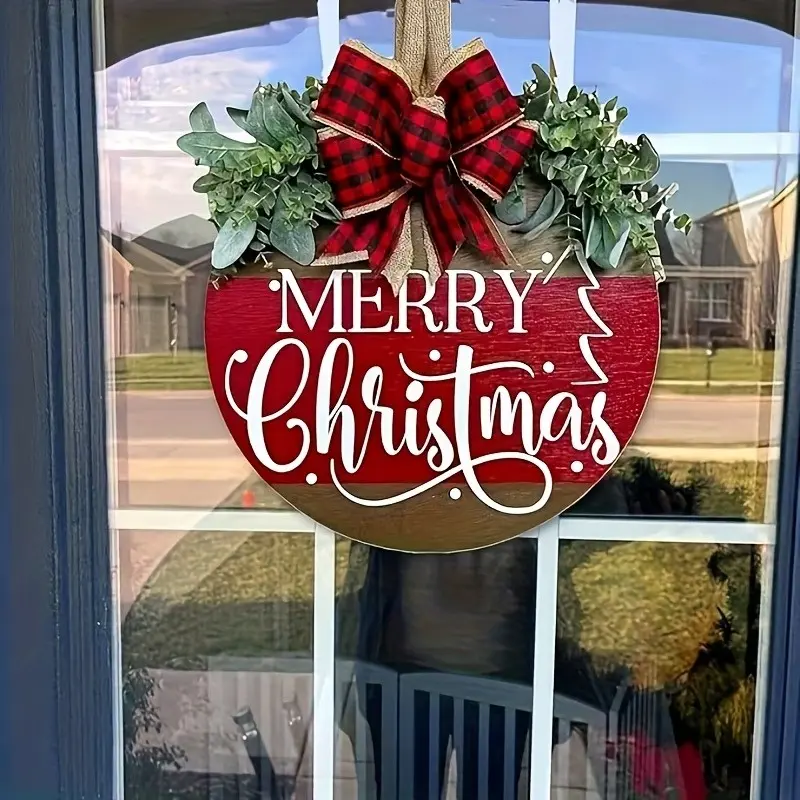 Christmas Joy Wooden Wreath Plaque, Winter Wall Decor, Artificial Wood Wreath for Door Decoration, Party, Christmas, Birthday, Anniversary