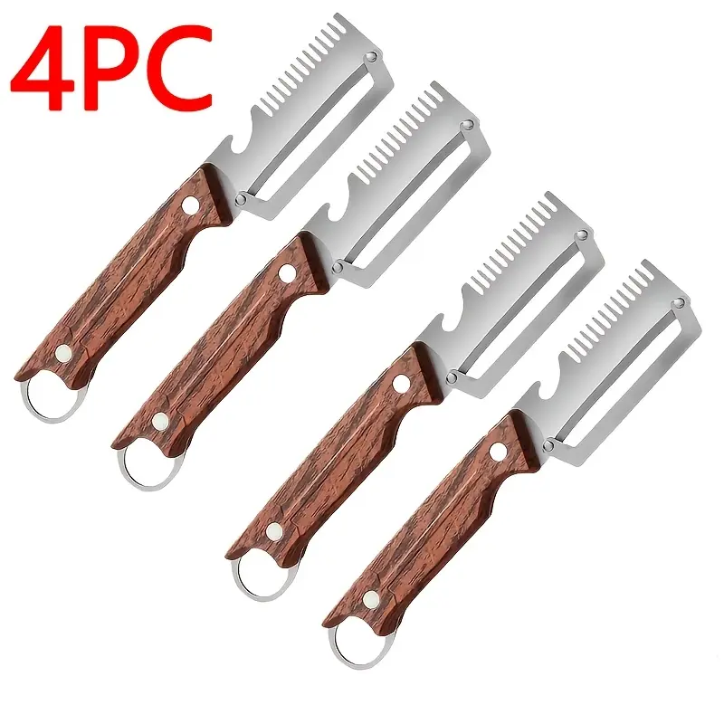 4 Pcs Kitchen Peeler Tool Set, Premium Stainless Steel Blade with Wooden Handle, Multifunctional Peeling Knife for Sugarcane Pineapple Potato, Daily Home Use