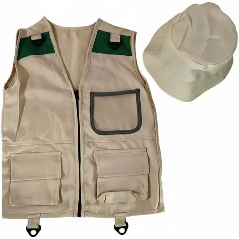 Kids Explorer Vest and Hat Set Multi-Storage Compartments Children's Wilderness Exploration Costume Multiple Pockets Adventure Vest and Hat
