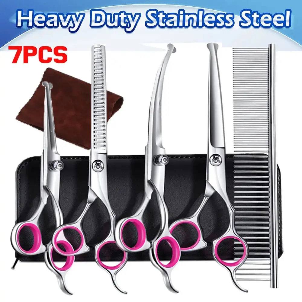Titanium Coated Professional 6 in 1 Stainless Steel Dog Grooming Scissors with Safety Round Tip, Heavy Duty Pet Grooming Scissor for Dogs, Cats and Other Animals