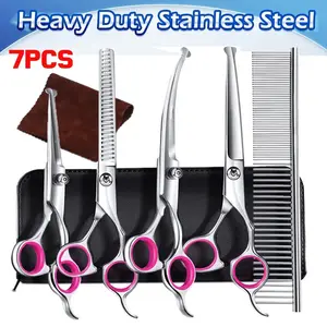 Titanium Coated Professional 6 in 1 Stainless Steel Dog Grooming Scissors with Safety Round Tip, Heavy Duty Pet Grooming Scissor for Dogs, Cats and Other Animals