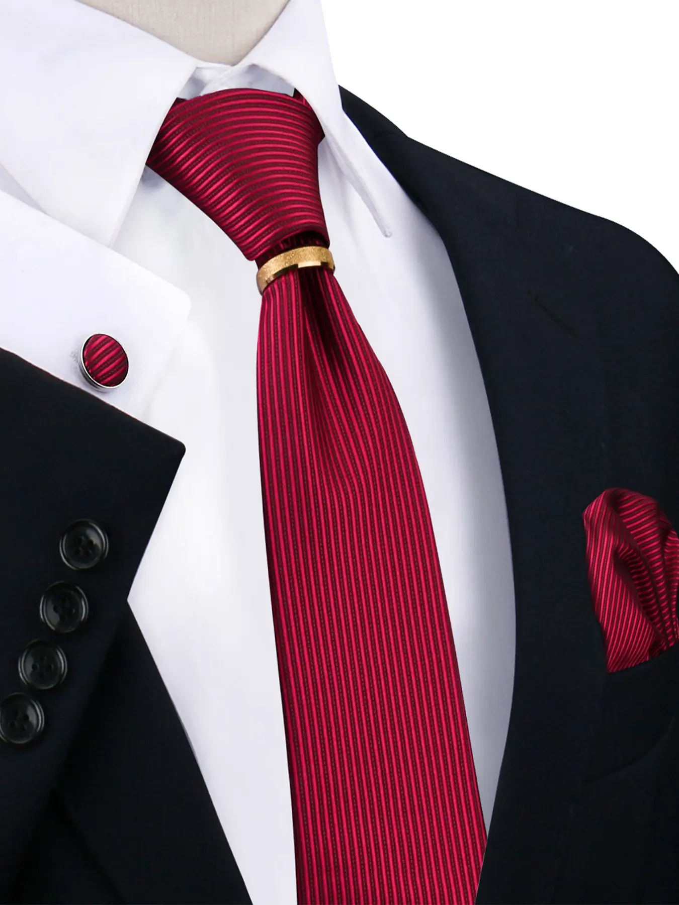 Men's Tie Set, Four-Piece Necktie Handkerchief Cufflinks Ring Kit, Essential Shirt Accessories for Business Daily Events, Perfect Gift