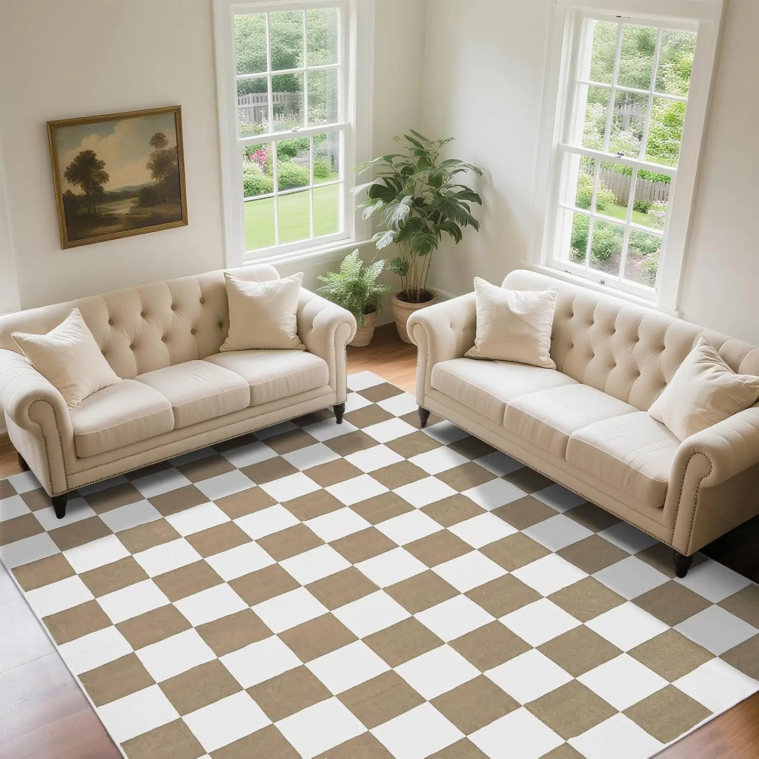 Washable Checkered Rug, 8x10 ft Beige and White Rug, Low Pile Area Rugs for Living Room with Non-Slip Backing for Bedroom Playroom Classroom Office Dorm and  Room