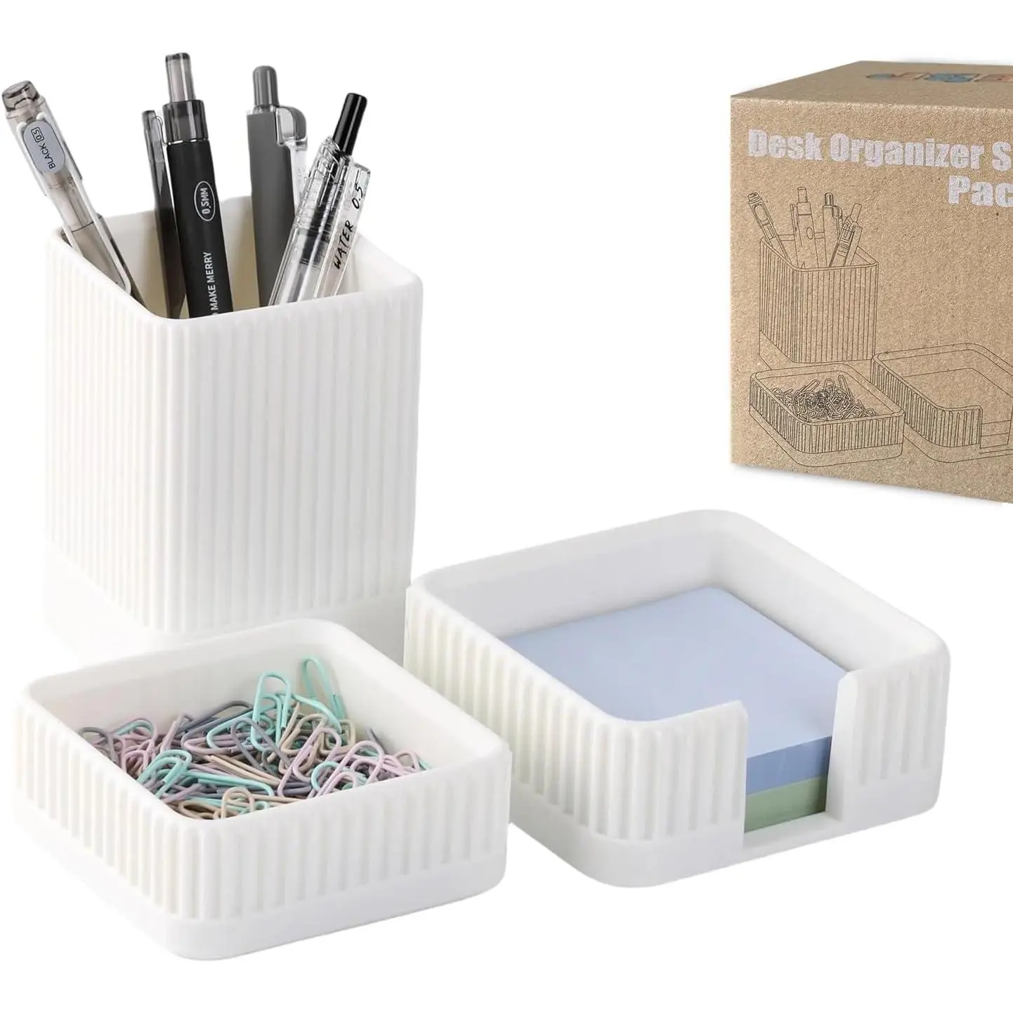 Aesthetic Desk Organizers and Accessories Set of 3 with Pen Holder,Paperclip Holder,Sticky Note Holder - Durable Plastic Pencil Holder for Office Women Men-Teacher Appreciation/-to-school