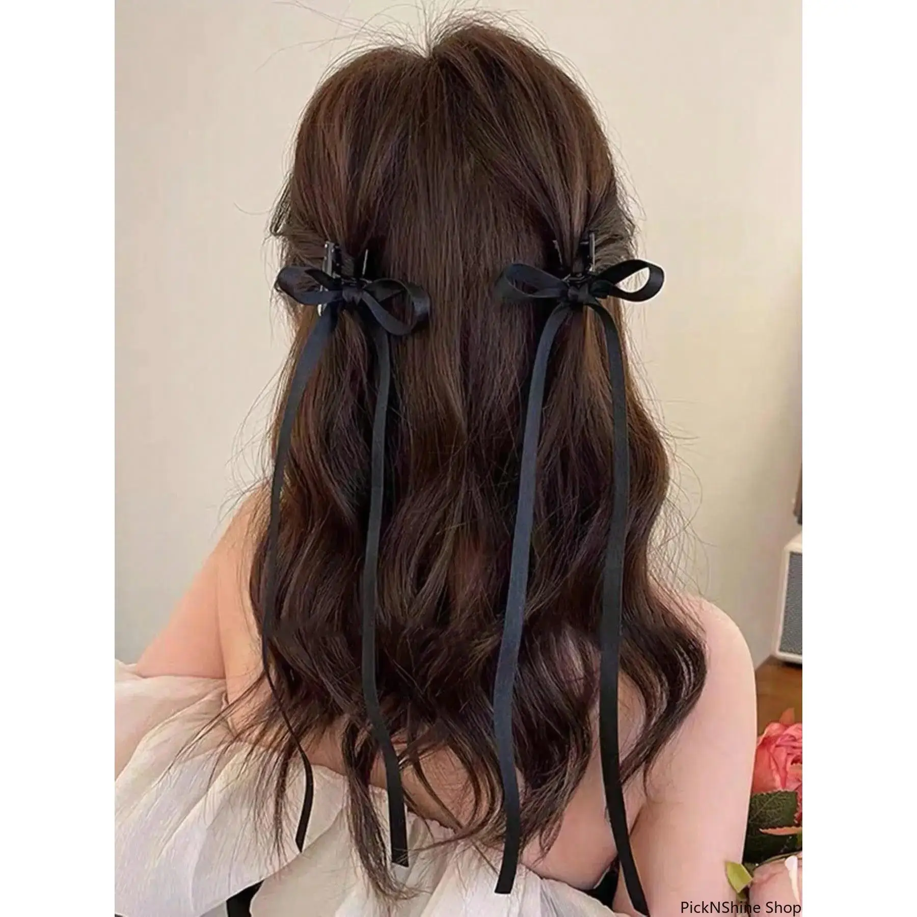 2PCS Ribbon Bow Hair Claw Clips for Women, Long Tail Bow Hair Clips, Korean Coquette Hair Accessories, Strong Hold Hair Claws for Thick Thin Hair, Ponytail, Bun & Half Up Hairstyles