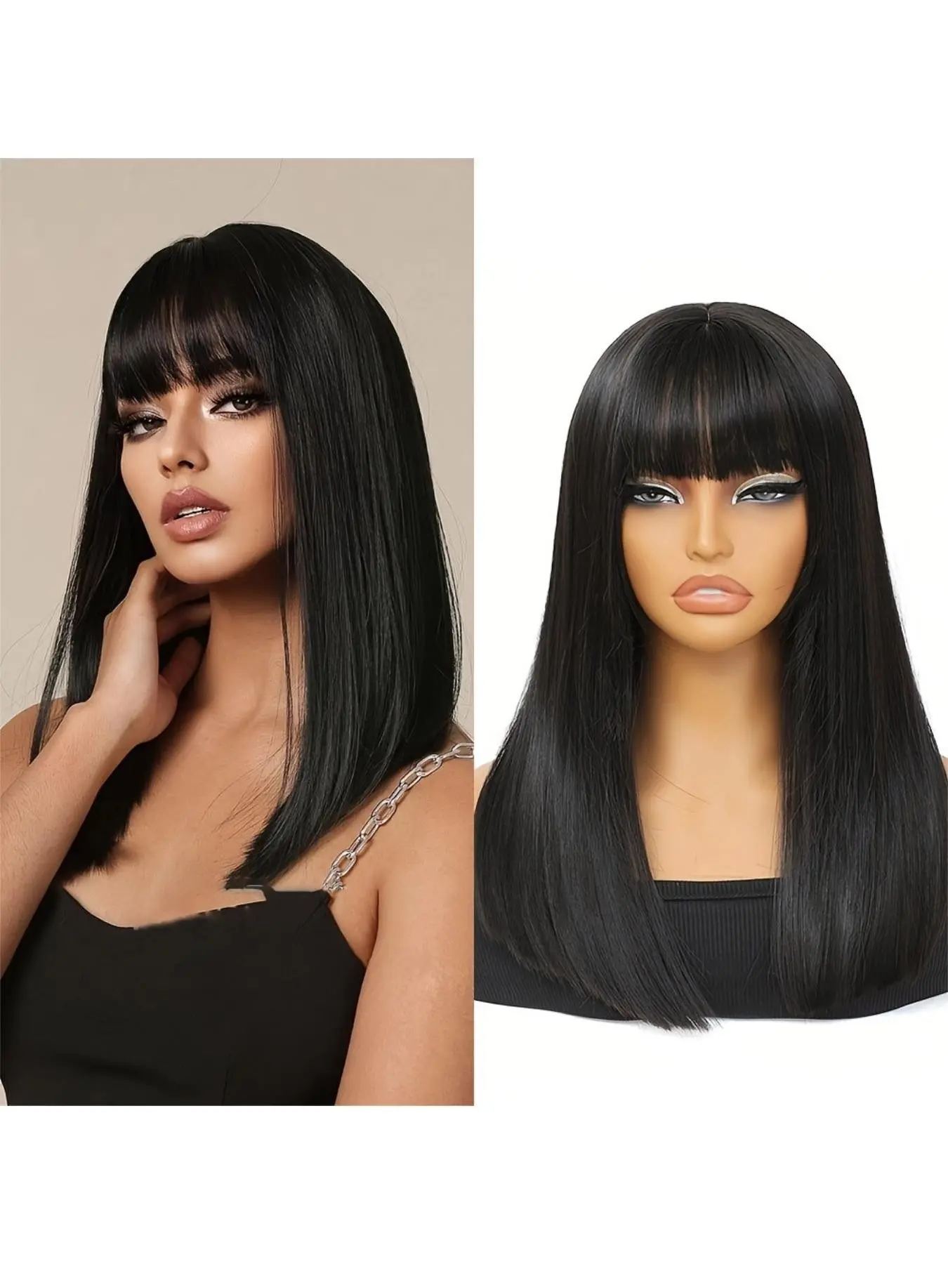 24inch Women's Long Straight Synthetic Hair Wig with Bangs Heat Resistant Natural Looking Black Hair Straight Wigs Straight Wavy/Bang Fringe Wig Adjustable for Daily Wear Parties & Special Events