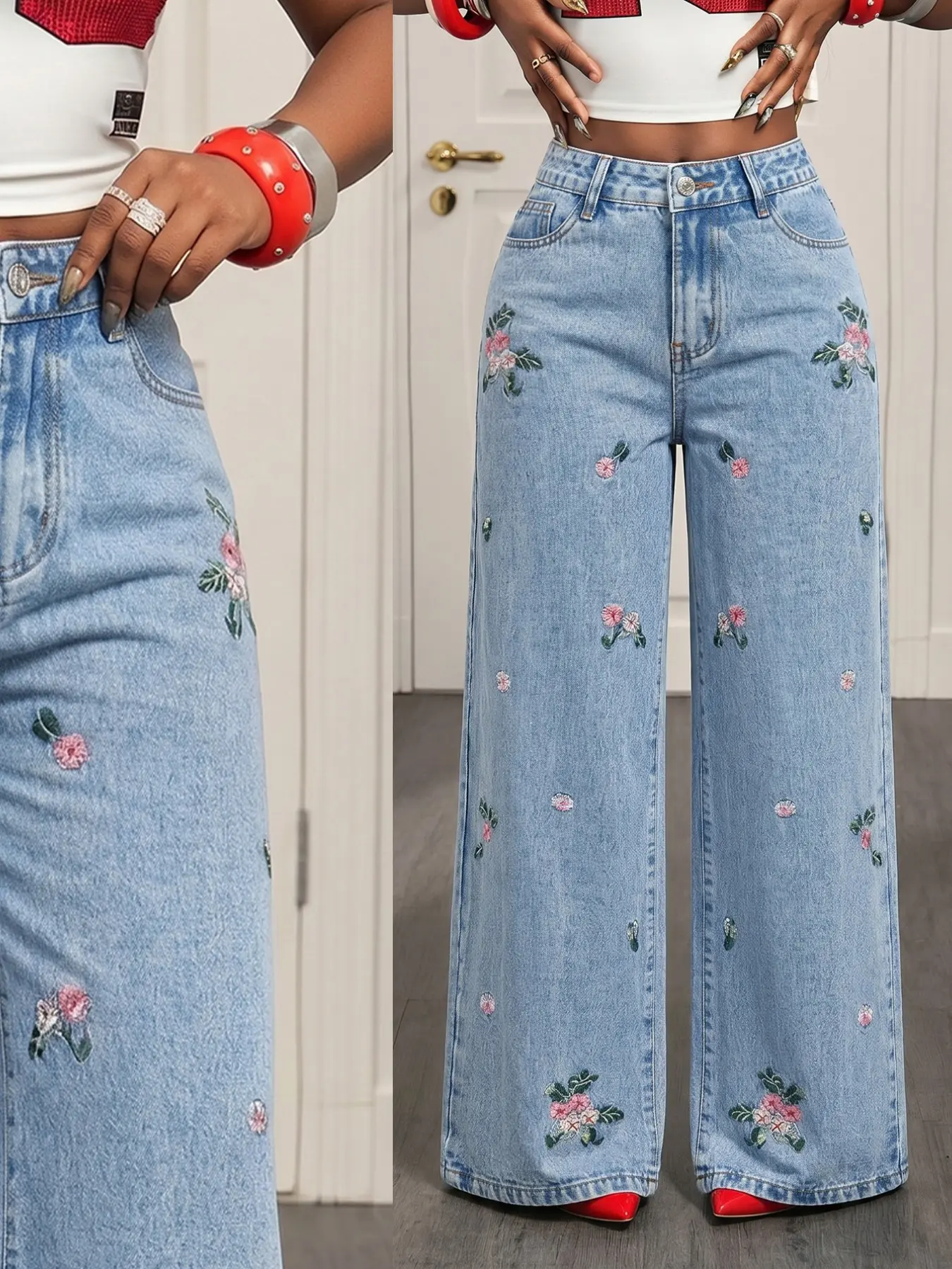 Women's Floral Embroidered Wide Leg Jeans, Casual High Waist Light Blue Washed Loose Fit Straight Pants, Long Denim Trousers
