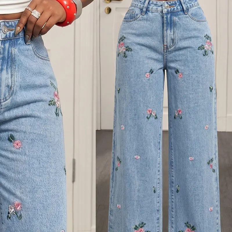 Women's Floral Embroidered Wide Leg Jeans, Washed Jean Style, Casual High Waist Light Blue Washed Loose Fit Straight Pants, Long Denim Trousers