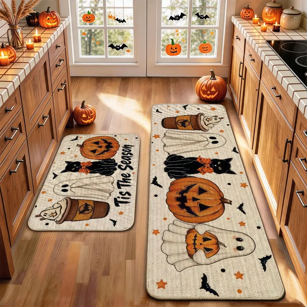 2Pcs Holloween Kitchen Rug Mat BOO! Terrifying Skeleton Horror Pumpkin Bat Spider Web Wizard Floor Mat Set Farmhouse Kitchen Rug Non Slip Restaurant Floor Dining Room Laundry Room Decor Carpet Mat Fall Decor Home Decor Rug Kitchen Rugs Mats