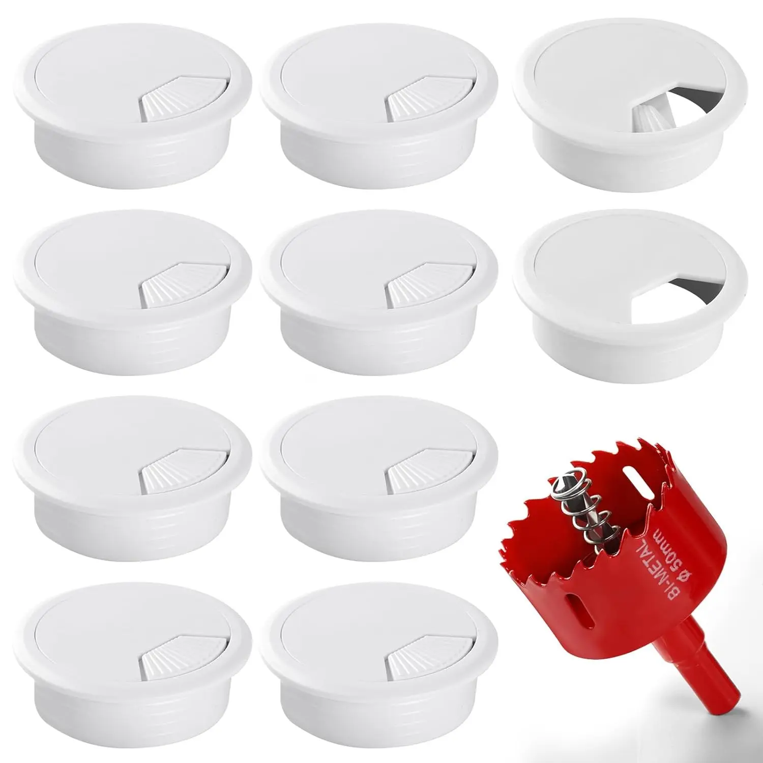Desk Grommet 2 Inch (50mm) 10 Pack, White ABS Plastic Desk Cable Hole Cover with Hole Saw, Wire Cord Grommet for Countertop Cable Management