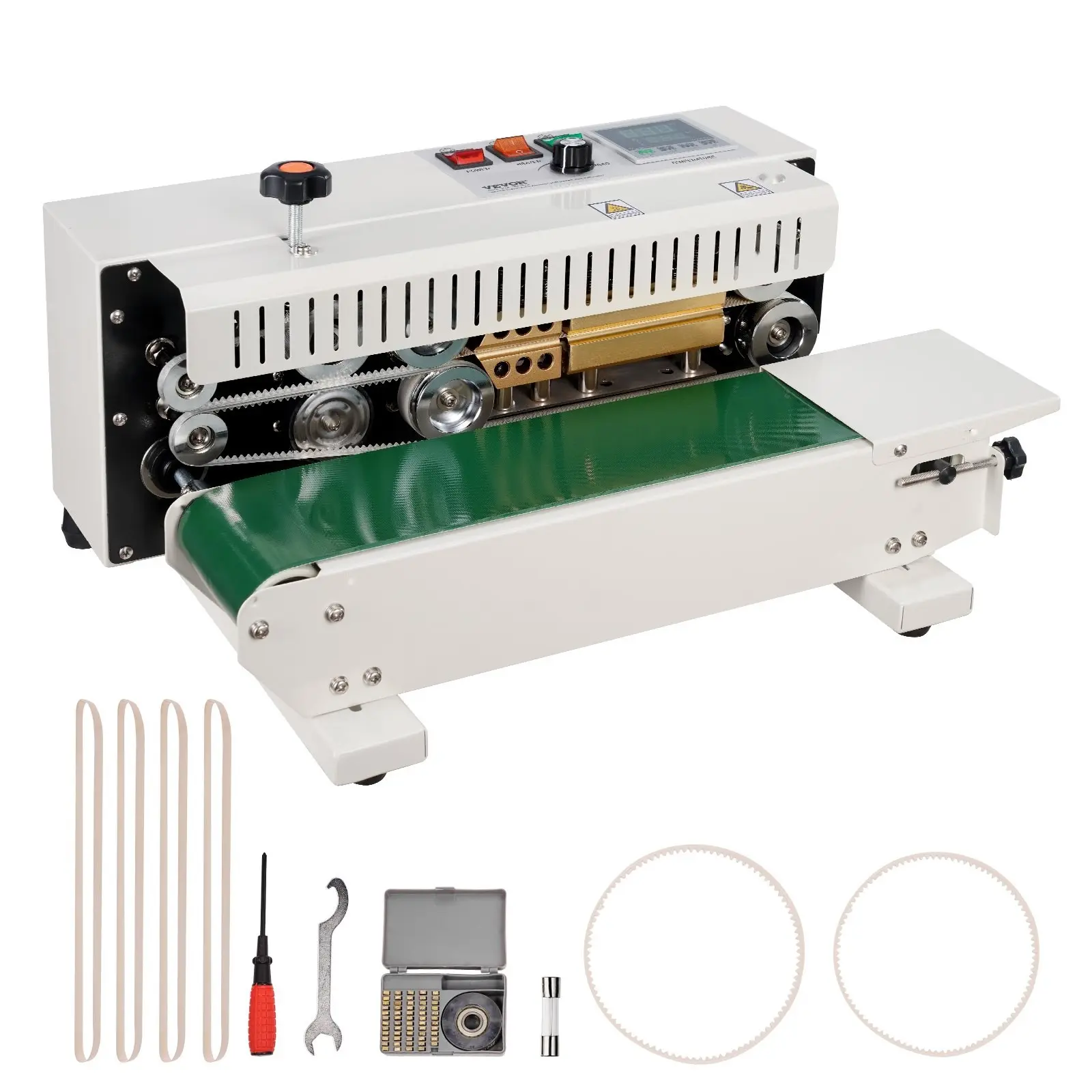 Continuous Bag Sealing Machine - Horizontal Band Sealer with Carbon Steel Construction, 600W Power, Adjustable Width, Embossing Print, Fast-Sealing Grade Sealer for Plastic, Poly, Polyethylene Bags, Commercial High-Efficiency Packaging Equipment