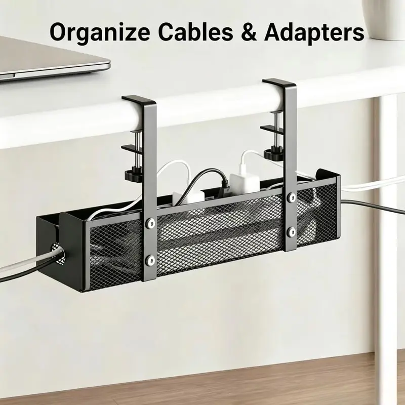 Desktop Cable Management Tray, No Drilling Required, Metal Under Desk Cable Organizer, Clip Installation, Desktop Wire Storage Basket, Power Outlet Holder, Office Organizers