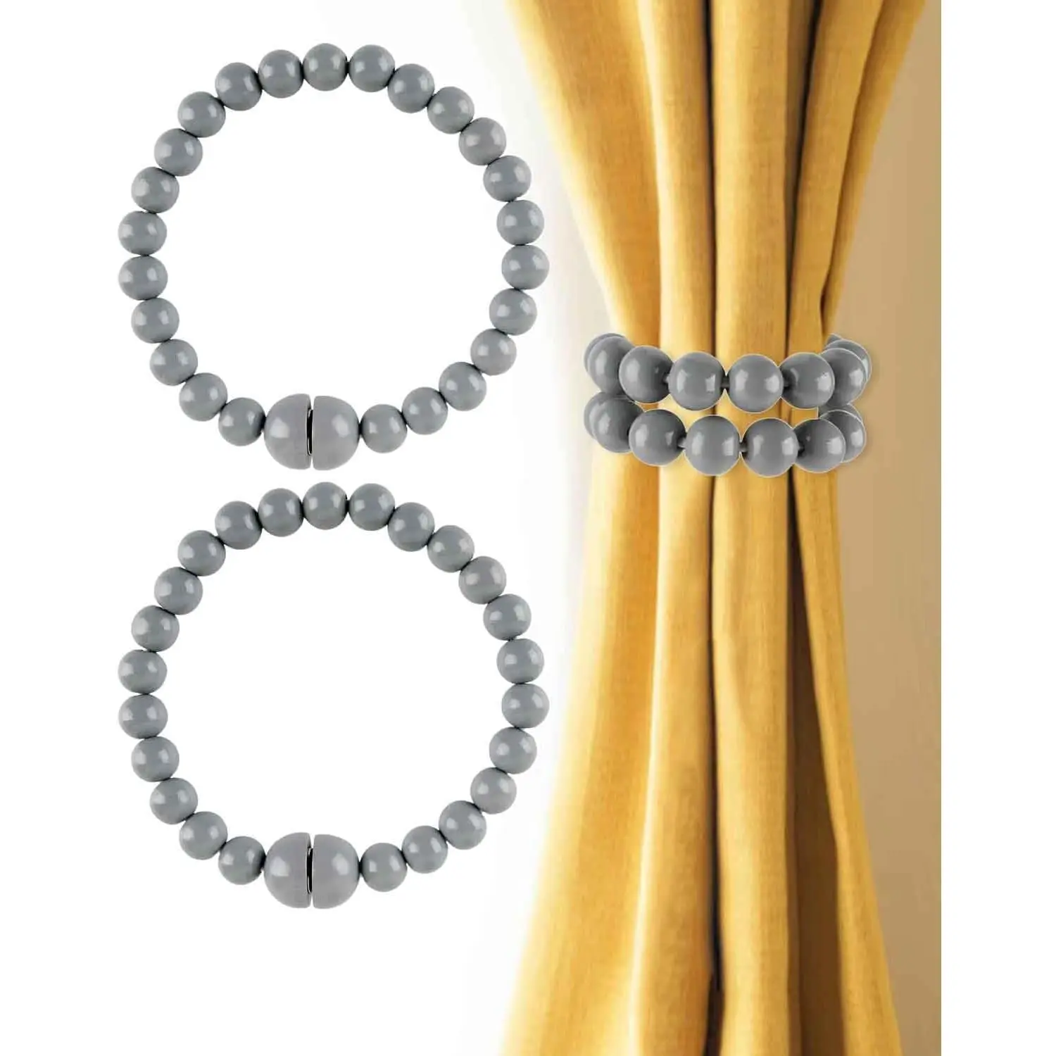 Boho Curtain Tiebacks  Beaded 2 Pack Light Grey -