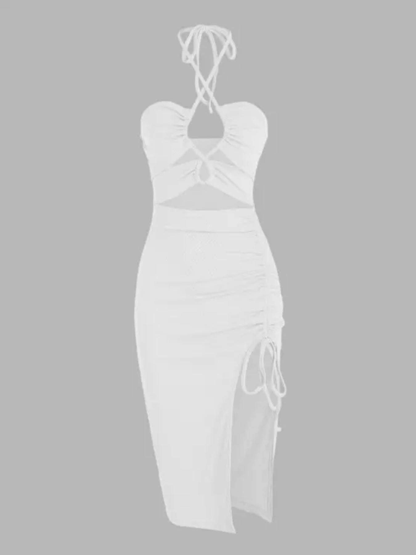 Women's Plain Criss Cross Backless Split Thigh Drawstring Bodycon Dress, Solid Sleeveless Cut Out Tie Back Halter Midi Dress for Party Club Dating Wear, Ladies Summer Clothes Bodycon Chic