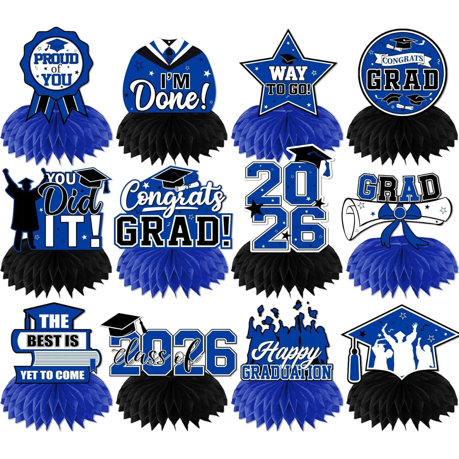 12pcs Graduation Centerpieces - Royal Blue and Black Waterproof Reusable 3D Honeycomb Table Decorations, 250g Cardstock Class of 2026 Ceremony Photo Props Gifts, Party