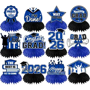 12Pcs Blue Graduation Honeycomb Centerpieces, Class of 2026 Royal Blue Table Decorations, Congrats Grad