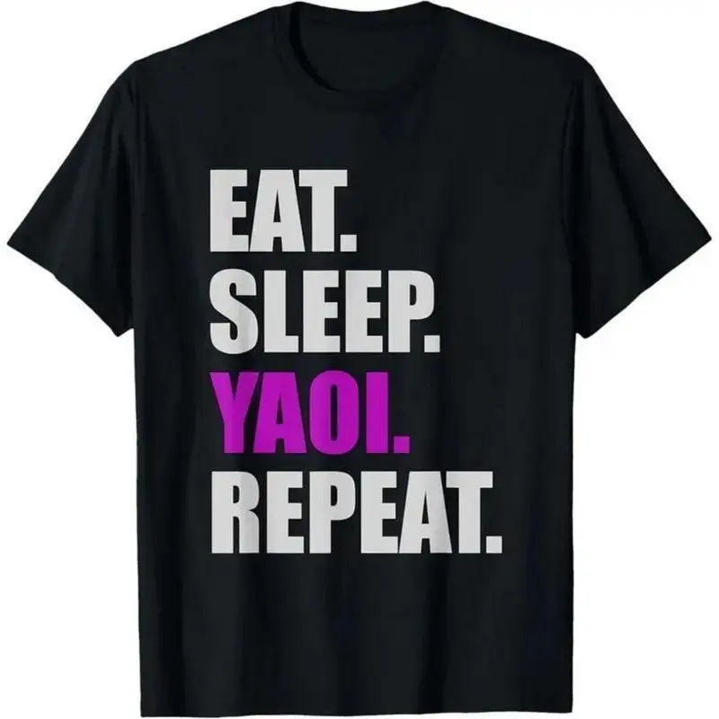 Eat Sleep Yaoi Repeat Bold Text Graphic T-Shirt, Funny Otaku Weeb Anime Fan Gift Tee, Purple White Slogan Crew Neck Short Sleeve Top for Manga Yaoi Lovers, Casual Daily Unisex Anime Merch Shirt