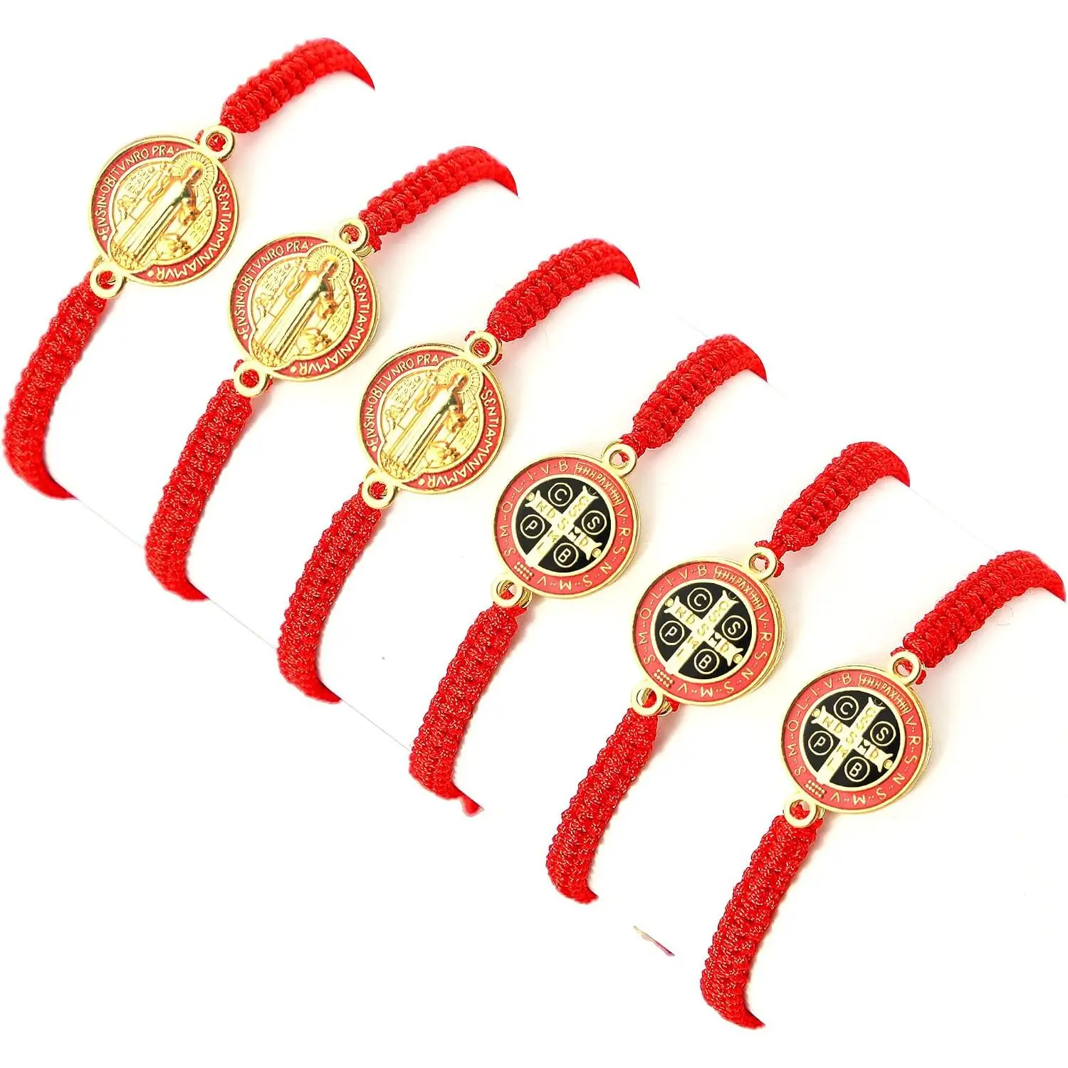 12/6 Pieces Pack San Benito Bracelets Protection  Red Black Cord Benedict Wrist Bracelets Adjustable Medal Rosary Bracelet Luck Benedictine Serenity Blessing Friendship Bracelet for Women Men