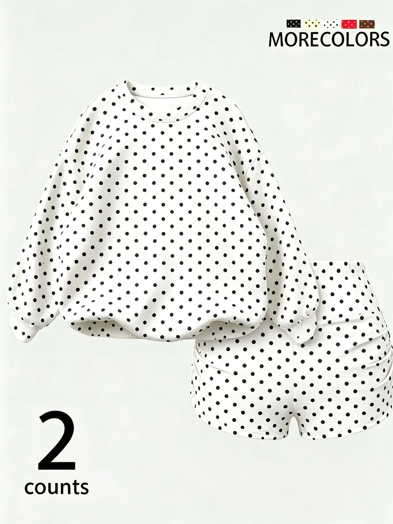 French Polka Dot Round Neck Sweatshirt and Shorts Set for Women, Loose Fit Casual, High Waist Drawstring Shorts