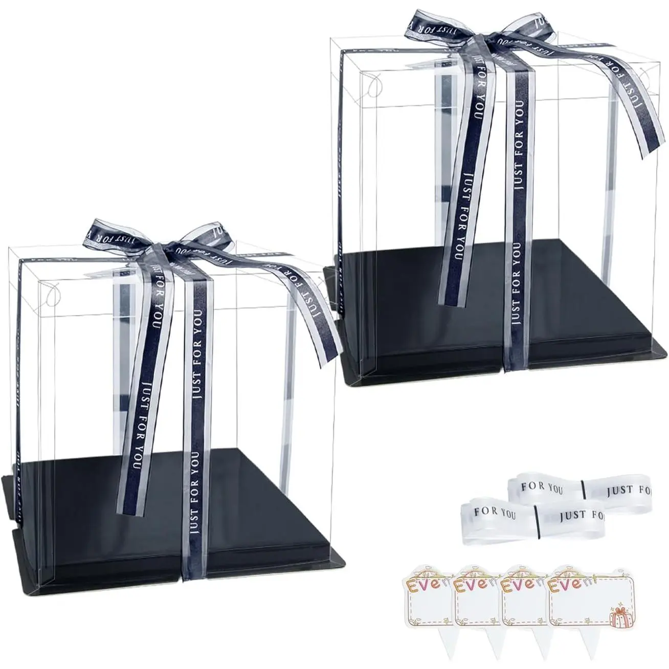 Clear Cake Box, 2 count Transparent Cake Carrier Box with , 4in  Packaging Boxes with Ribbon  Card for Pastries, Clear  Boxes for Birthday, Wedding and Festival Party, Black.