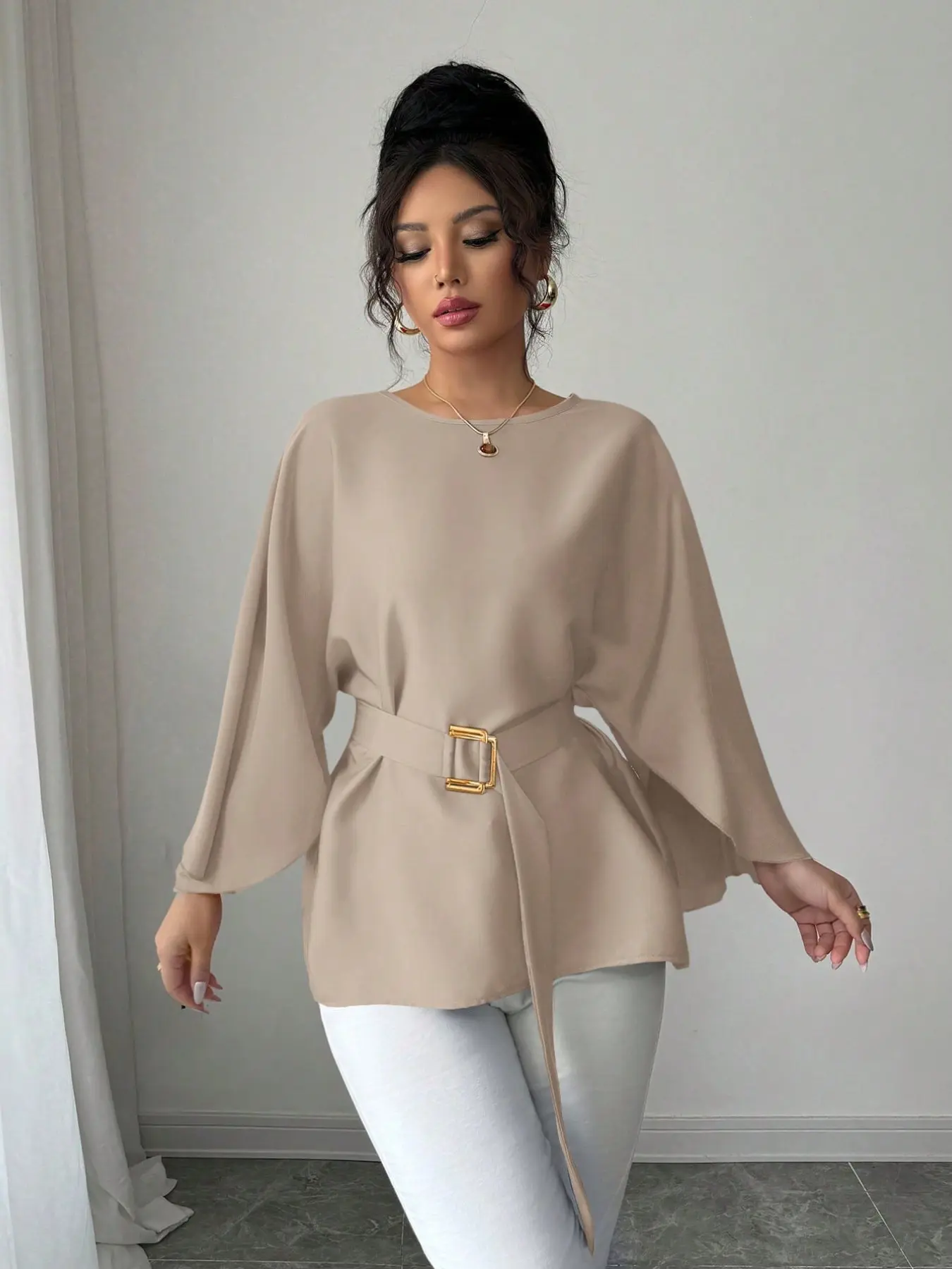 Elegant Metal Button Belted Shirt Blouse, Solid Color Five-Quarter Sleeve Women's Top, Stylish Fashion Basic Casual Wear, Perfect for Daily