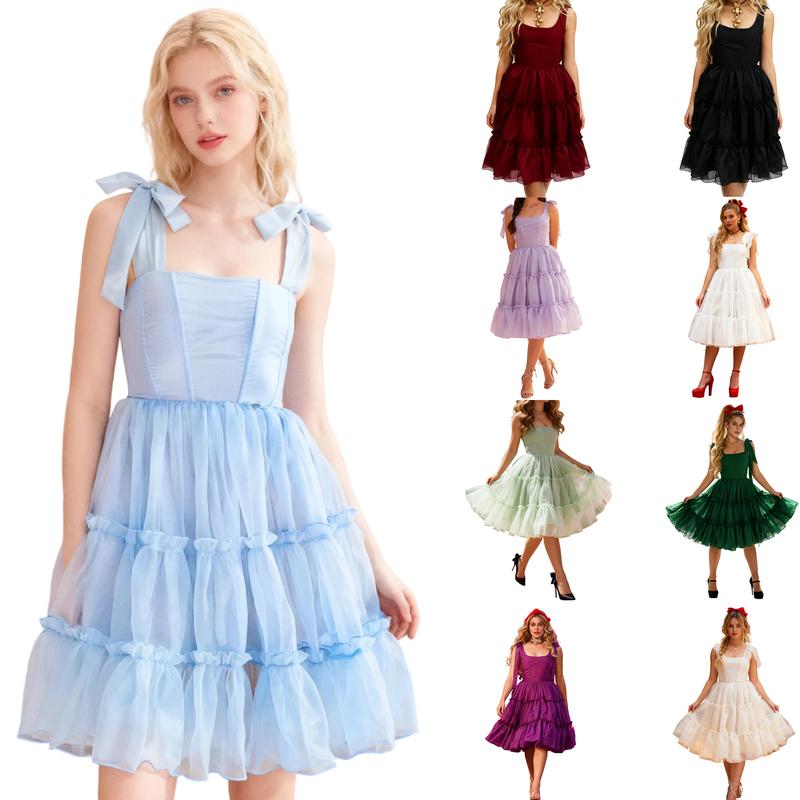 Womens Party Tutu Dress Stylish Solid Ruffled Trim Tie Back Sleeveless Tie-Shoulder Midi A-Line Dress