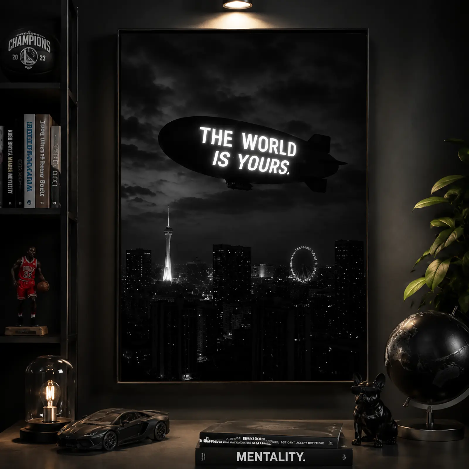 The World Is Yours Plain Canvas Wall Art Poster - Luxury Black and White City Print, Motivational Quote Wall Decor, Contemporary Multi-Size Artwork for Bedroom/Office Decoration, One-Piece