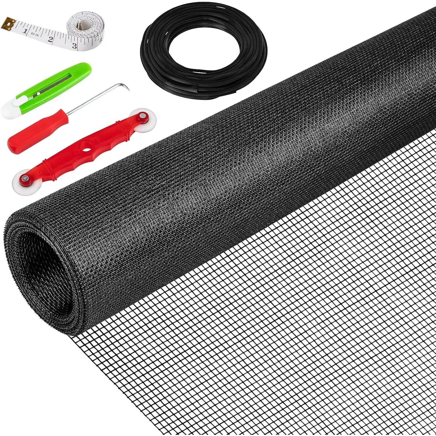 48" x 236" Window Screen Replacement Kit, 6-in-1 Window Screen Door Repair Kit with Fiberglass Mesh, Spline Roller, Hook, Cutter & Ruler for Porch Sliding DoorGift