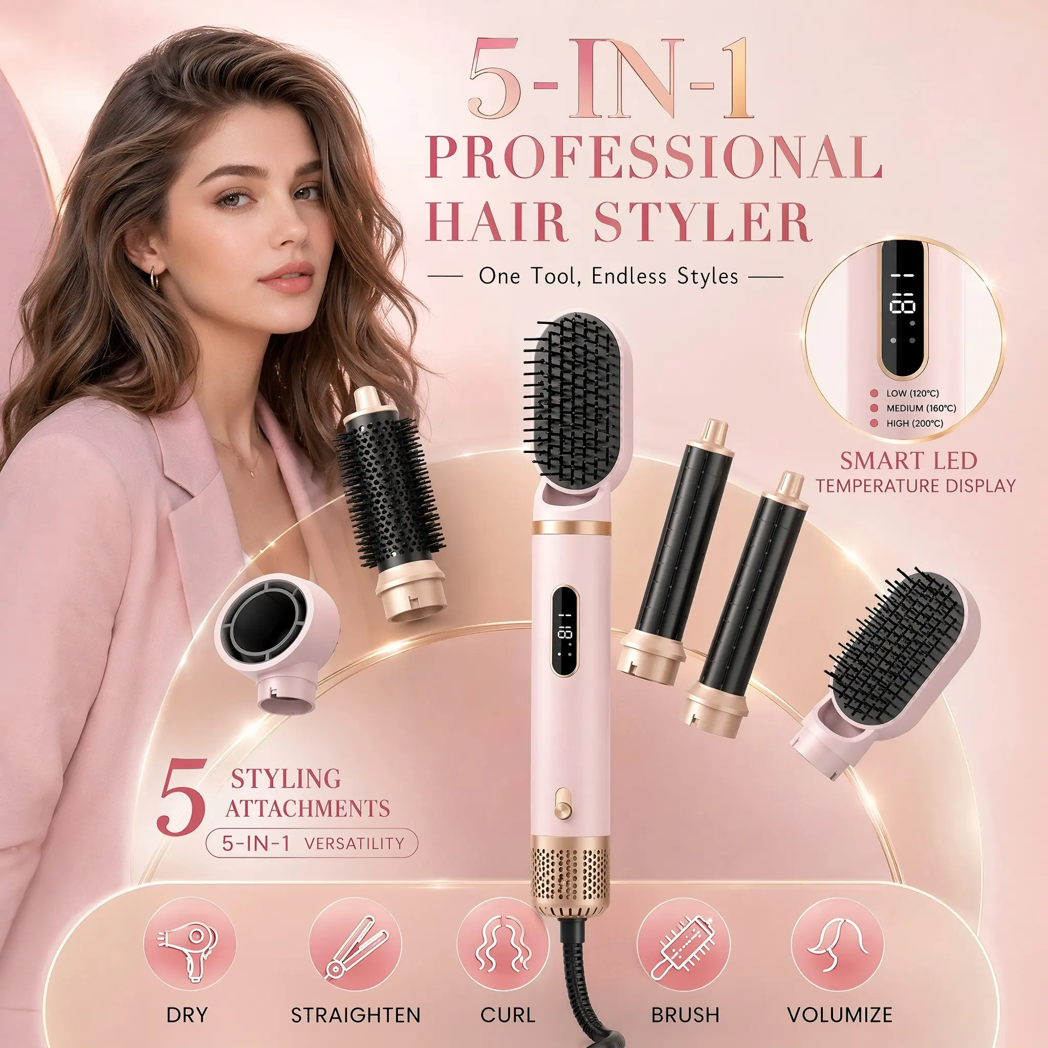 Five-In-One Multi-Function Hair Styler, Hot Air Brush, Air Curling Wand, 3-Temperature Settings, Blow Dry Comb, Us Plug