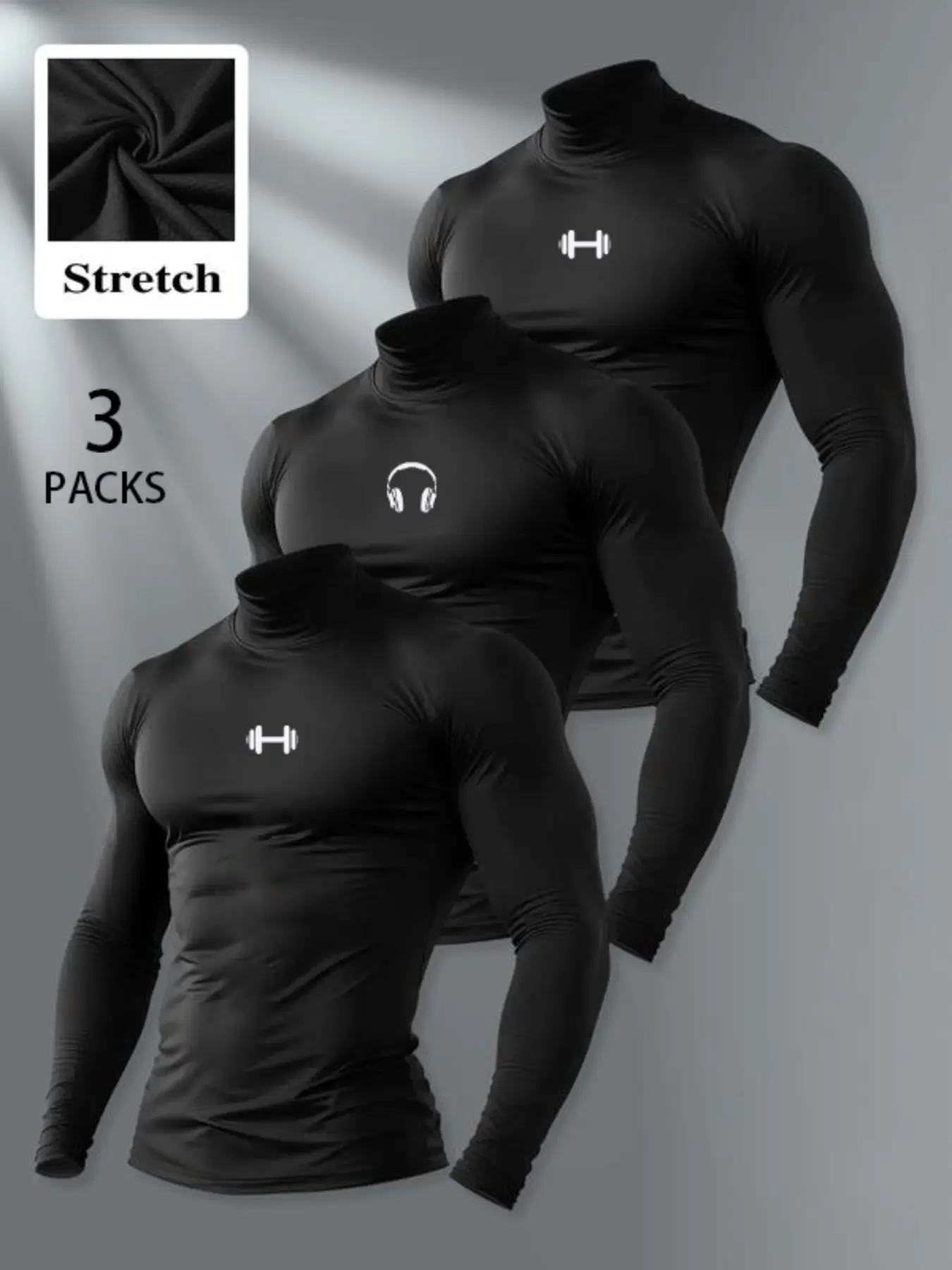 3 Packs Men Stretch Turtleneck Long Sleeve Shirts, Fitted Athletic Base Layer Tops, Soft Thermal Inner Wear Sleepwear, All Seasons