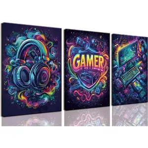 Game Room Decor Video Game Canvas Wall Art Set of 3 Cool Gaming Poster Prints Gamer Sign Pictures Graffiti Gamepad Headphones Painting Wall Decor for Boys Bedroom 16x24in Framed