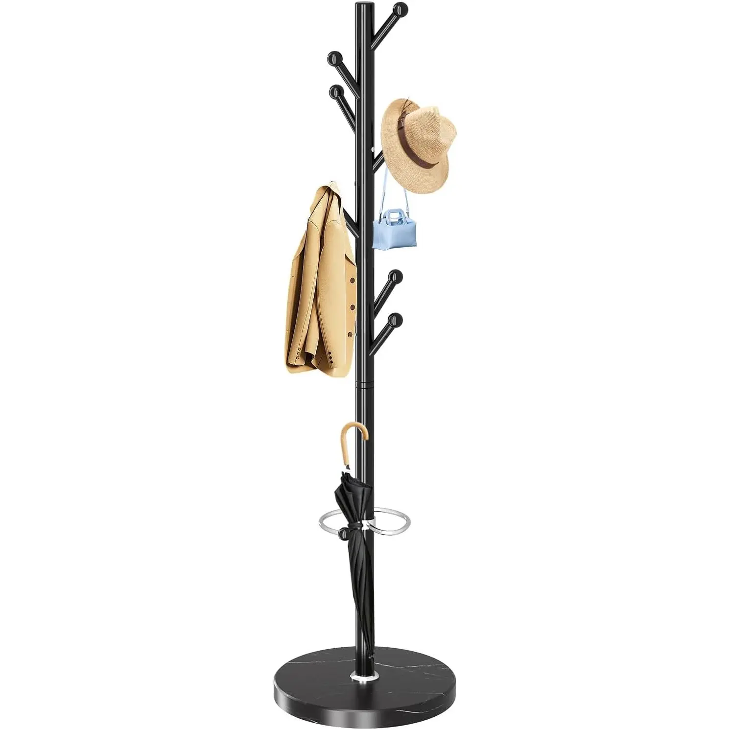 Coat Rack with  Marble Base, Metal Coat Racks Freestanding, Modern Coat Rack Stand with 8 Hooks& Umbrella Holder, Black Coat Clothes Tree Hats Hanger Stand for Entryway, Hallway