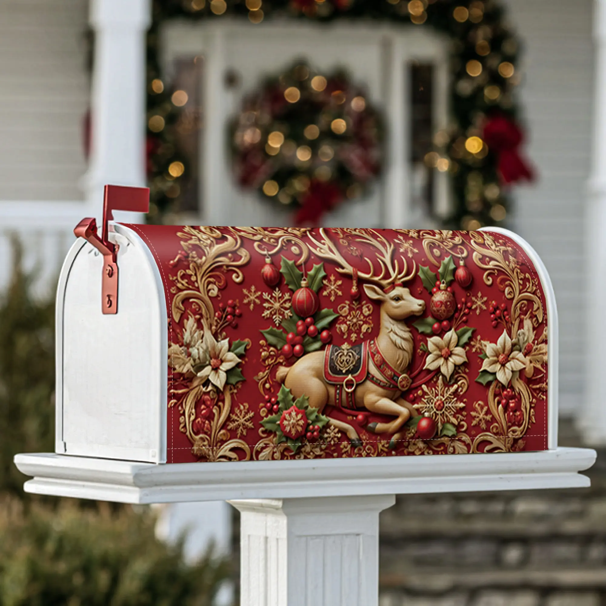 reindeer Magnetic Mailbox Covers, Christmas festive ornaments poinsettias Christmas red Decorative Mailbox Cover for Outdoor Decorations