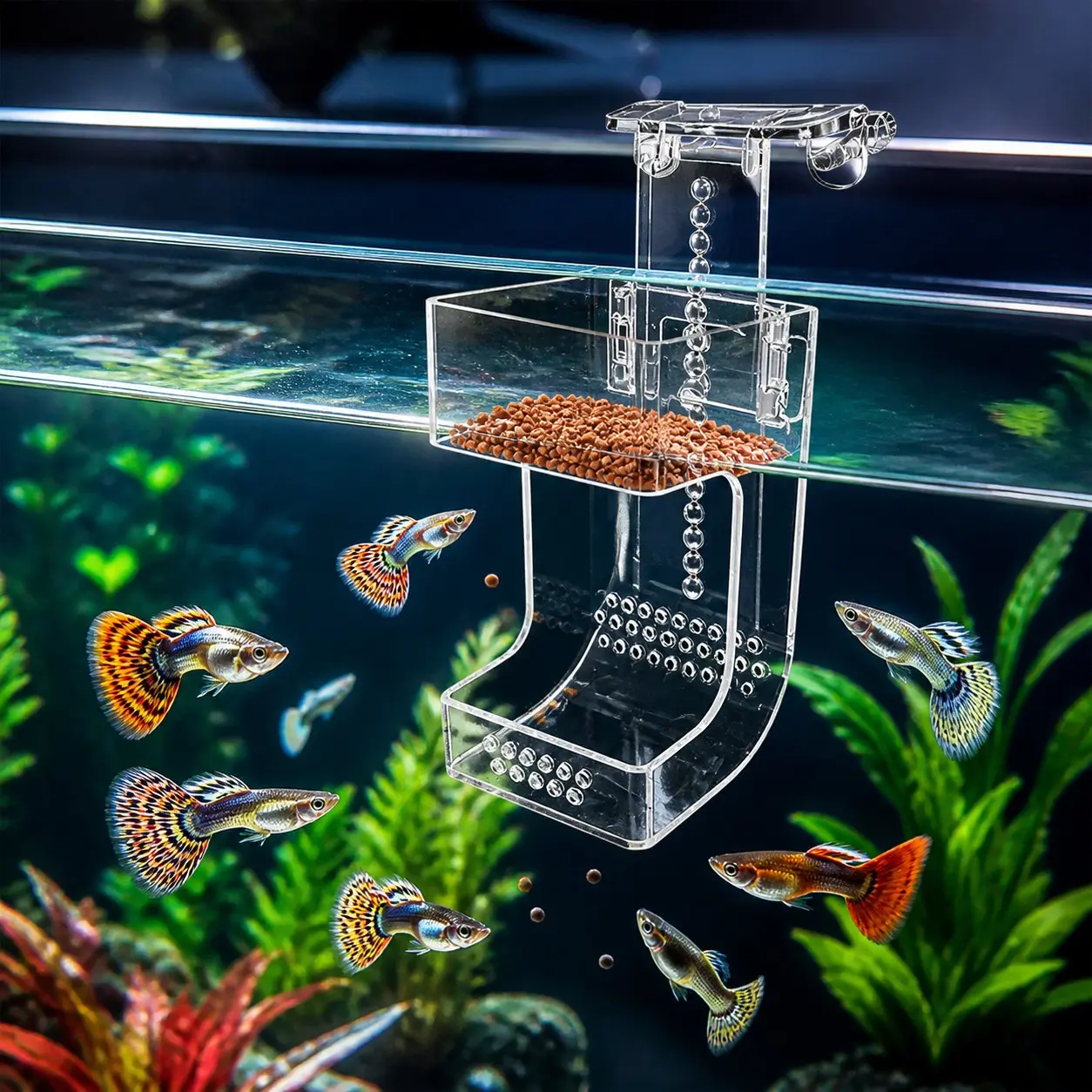 Adjustable fish tank feeder, pressure-relief feeding device, anti-scatter fish food dispenser