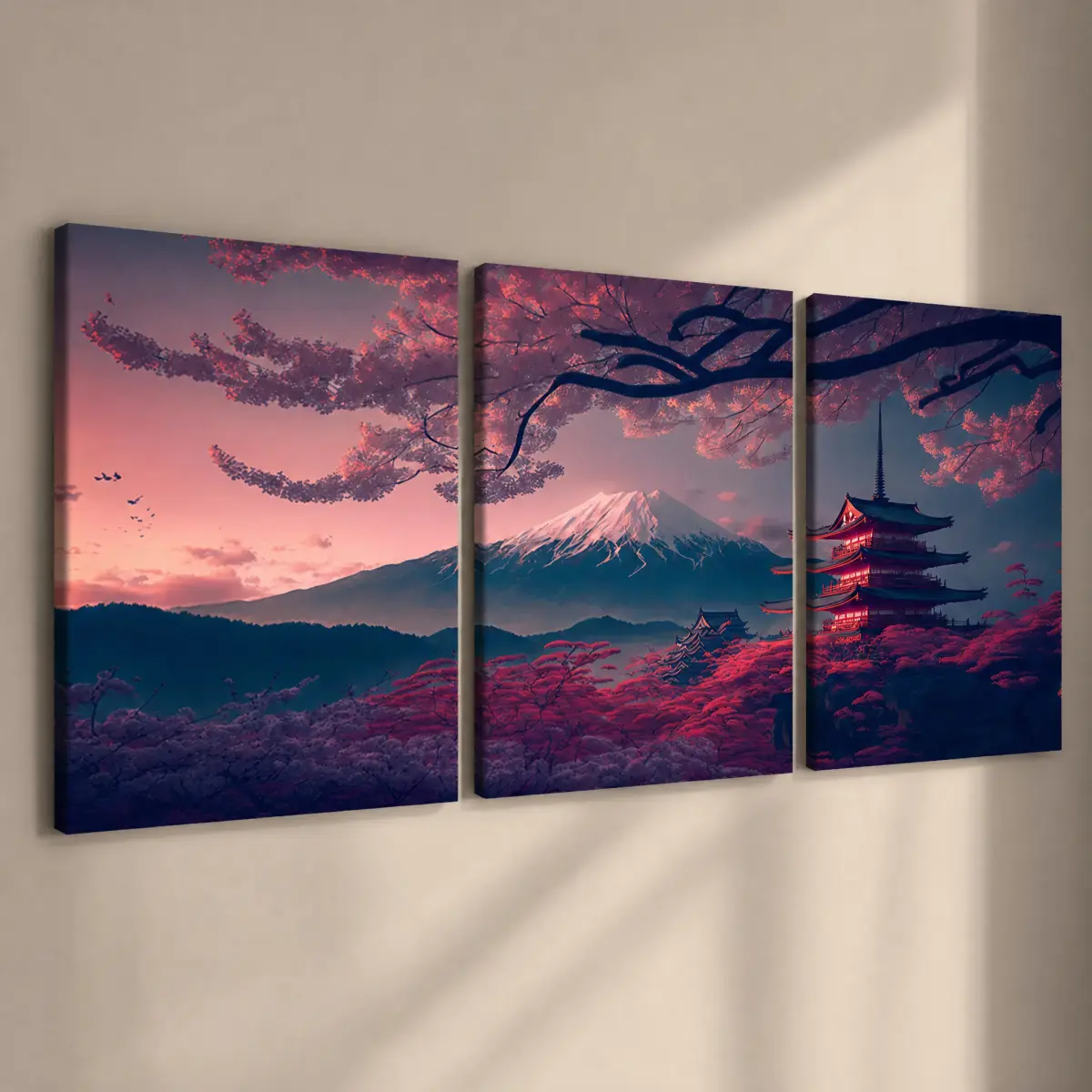 Solid Wood Framed Artistic Canvas Paintings (3-Pack), Waterproof Japanese Cherry & Temple Scene Canvas Prints, Vibrant Modern Wall Decor for Home #GLOBAL PICKS, Room