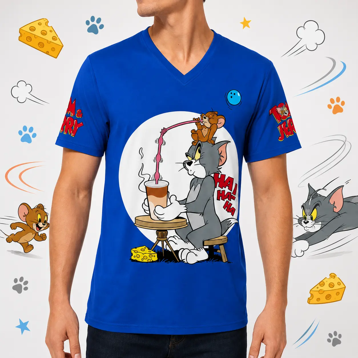 Tom and Jerry Blue V-Neck Jersey, Short Sleeve Graphic Shirt with Front Back Cartoon Print, Relaxed Fit Y2K Sporty Streetwear Top for Women and Men,outfits,men's wear,men fashion,summer men fashion clothes,couple gift,unisex graphic,anime manga tee